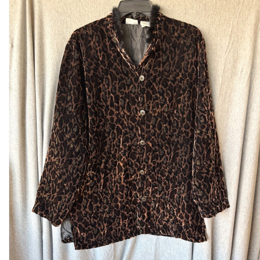 White Stag Y2K Velvet Jacket Leopard Print Faux Fur Trim Gold Metallic Medium‎